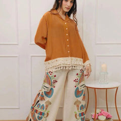Women’s Coffee Cotton Embroidered Co-Ord Set with Palazzo
