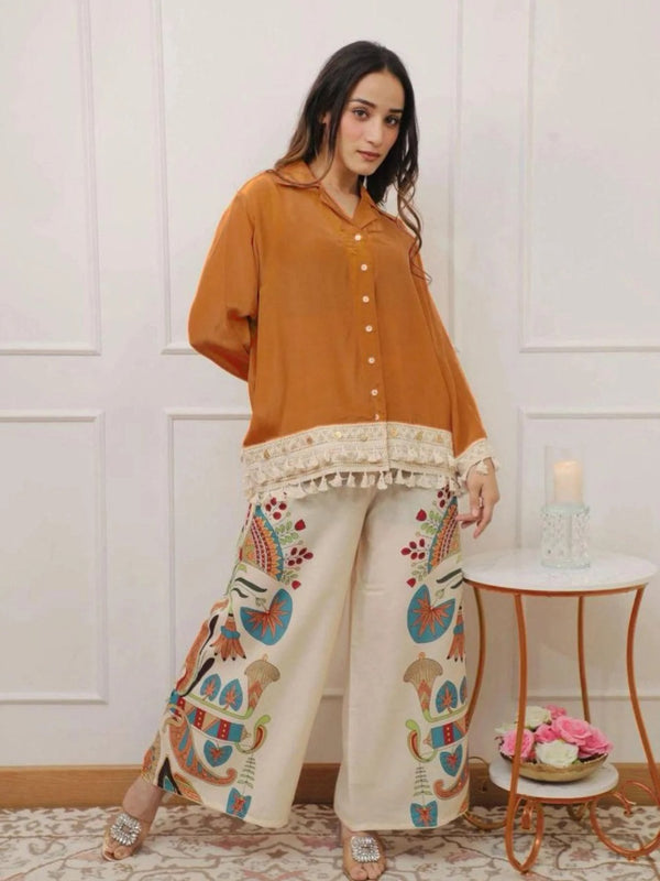 Women’s Coffee Cotton Embroidered Co-Ord Set with Palazzo