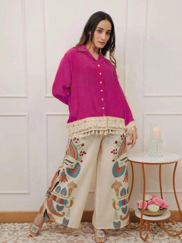Women’s Coffee Cotton Embroidered Co-Ord Set with Palazzo