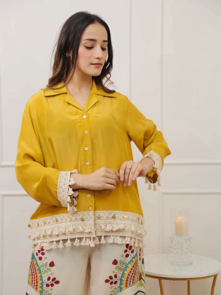 Women’s Yellow Cotton Embroidered Co-Ord Set with Palazzo