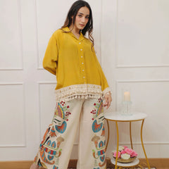 Women’s Coffee Cotton Embroidered Co-Ord Set with Palazzo