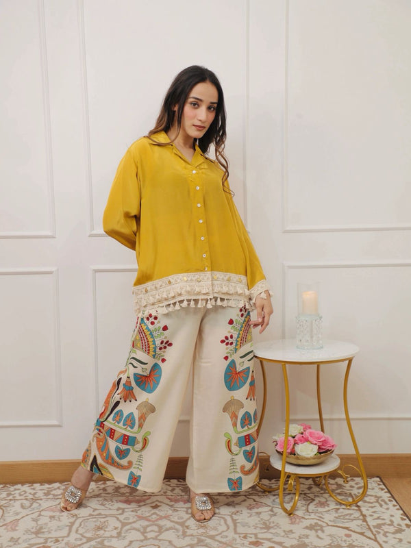 Women’s Coffee Cotton Embroidered Co-Ord Set with Palazzo