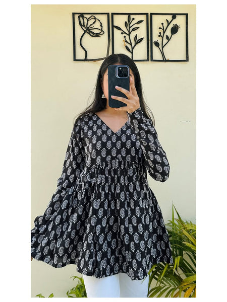 Women’s Black Rayon Printed V-Neck Flared Casual Top