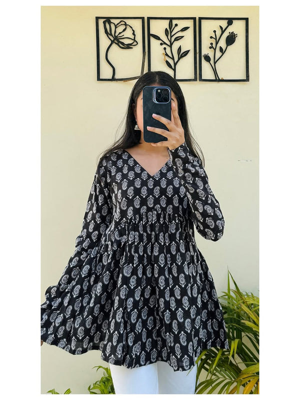Women’s Black Rayon Printed V-Neck Flared Casual Top