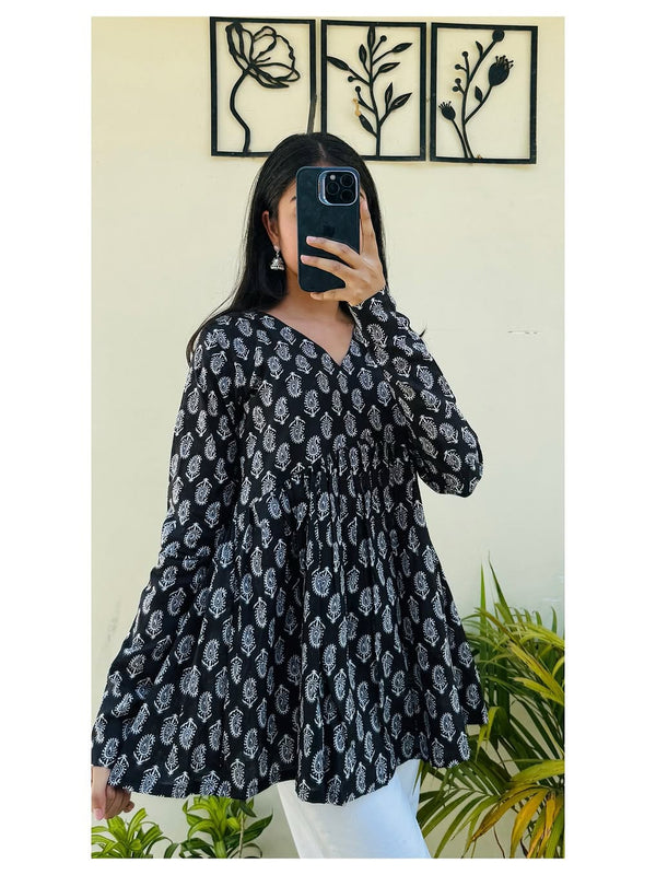 Women’s Black Rayon Printed V-Neck Flared Casual Top