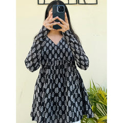 Women’s Black Rayon Printed V-Neck Flared Casual Top