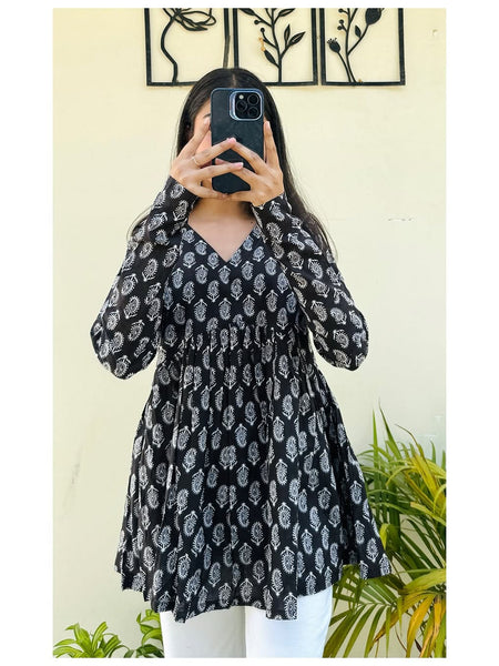 Women’s Black Rayon Printed V-Neck Flared Casual Top