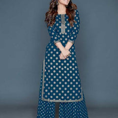 Women’s Maroon Rayon Gold Print Kurti Palazzo Set