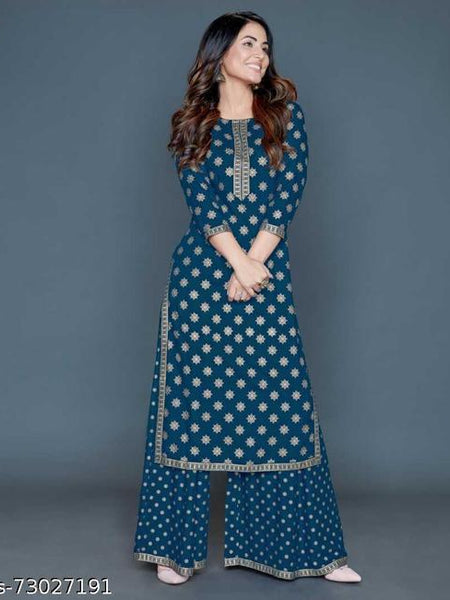 Women’s Maroon Rayon Gold Print Kurti Palazzo Set