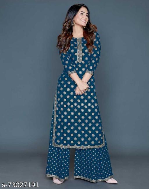 Women’s Maroon Rayon Gold Print Kurti Palazzo Set