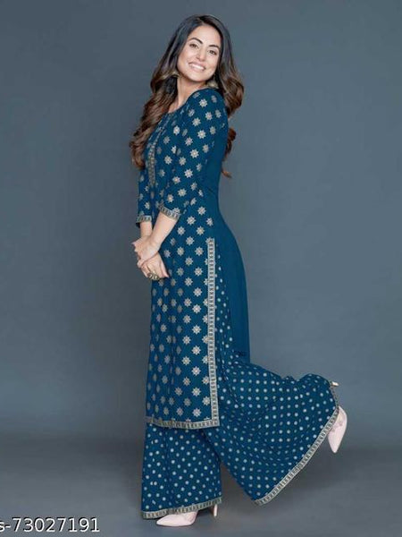 Women’s Navy Blue Rayon Gold Print Kurti Palazzo Set