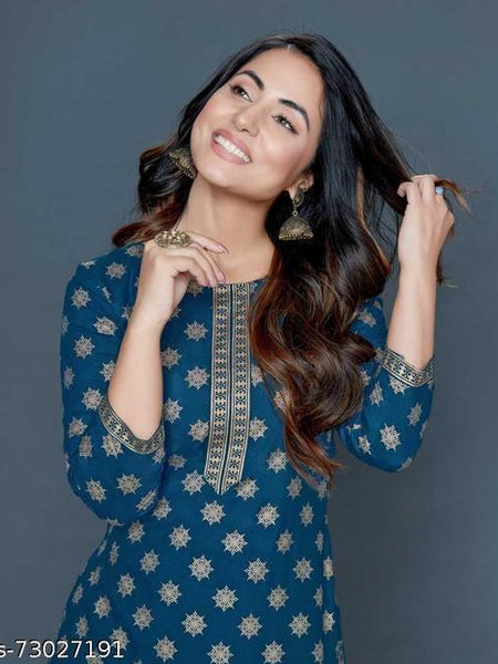 Women’s Navy Blue Rayon Gold Print Kurti Palazzo Set