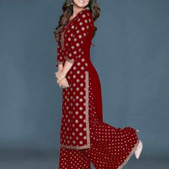 Women’s Maroon Rayon Gold Print Kurti Palazzo Set