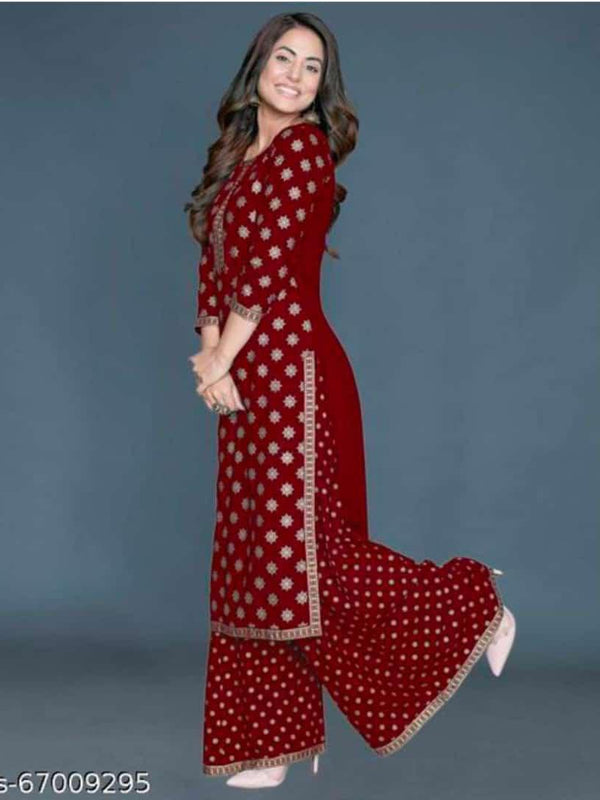 Women’s Maroon Rayon Gold Print Kurti Palazzo Set