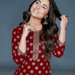 Women’s Maroon Rayon Gold Print Kurti Palazzo Set