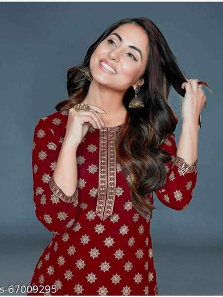 Women’s Maroon Rayon Gold Print Kurti Palazzo Set