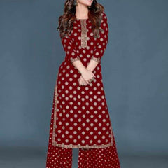 Women’s Maroon Rayon Gold Print Kurti Palazzo Set