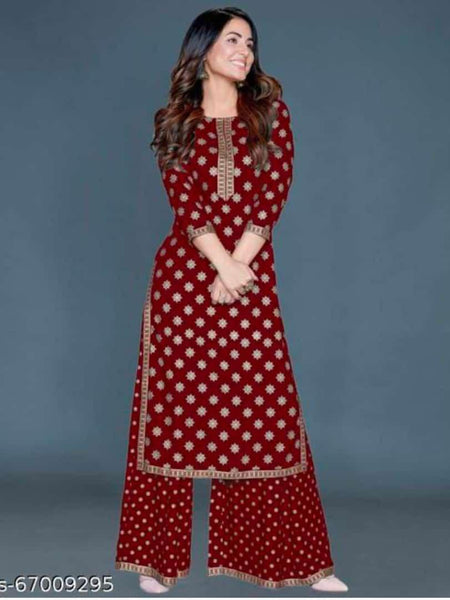 Women’s Maroon Rayon Gold Print Kurti Palazzo Set