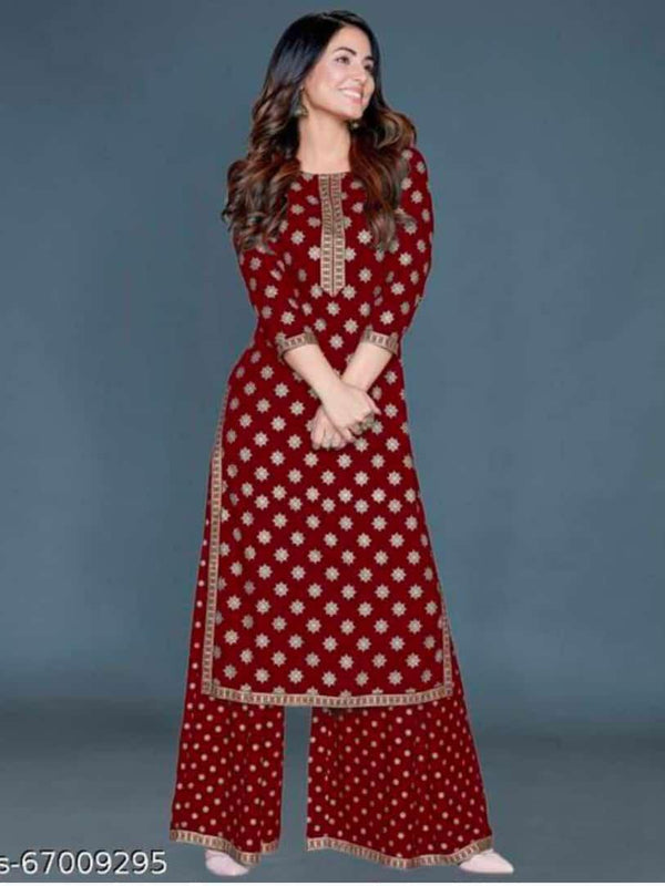 Women’s Maroon Rayon Gold Print Kurti Palazzo Set