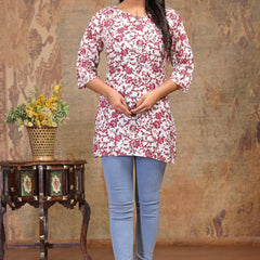 Women’s Cream Rayon Floral Printed Straight Short Kurti