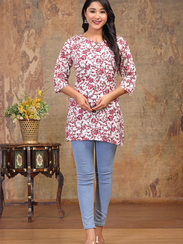 Women’s Cream Rayon Floral Printed Straight Short Kurti