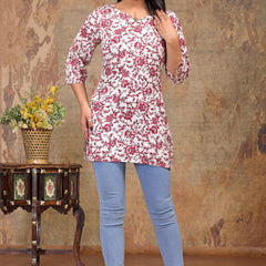 Women’s Cream Rayon Floral Printed Straight Short Kurti