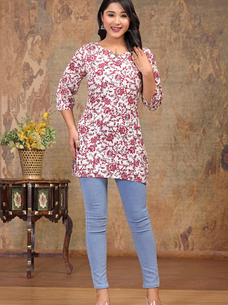 Women’s Cream Rayon Floral Printed Straight Short Kurti