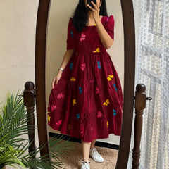 Women's Butterfly Maroon Printed Rayon Midi Dress