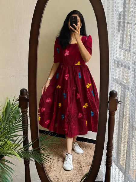 Women's Butterfly Maroon Printed Rayon Midi Dress