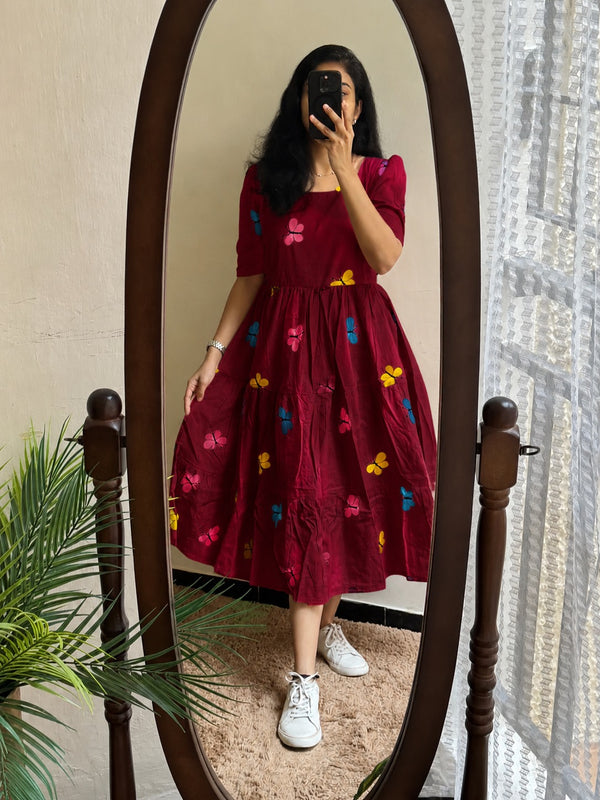 Women's Butterfly Maroon Printed Rayon Midi Dress