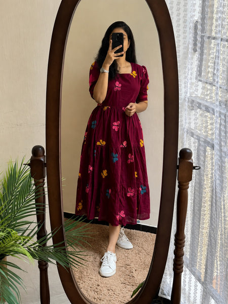 Women's Butterfly Maroon Printed Rayon Midi Dress