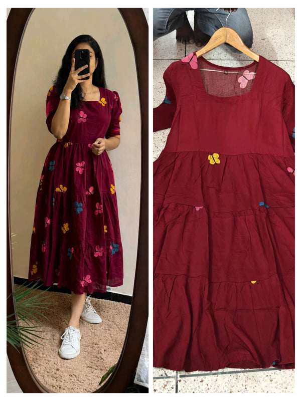 Women's Butterfly Maroon Printed Rayon Midi Dress