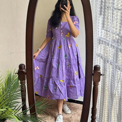 Women's Butterfly Purple Printed Rayon Midi Dress