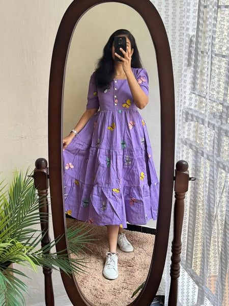 Women's Butterfly Purple Printed Rayon Midi Dress