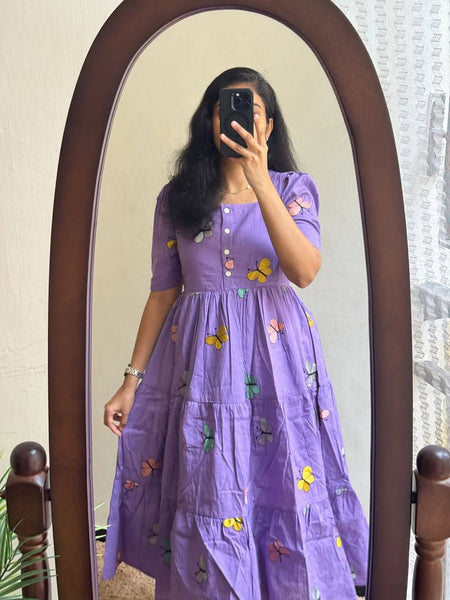 Women's Butterfly Purple Printed Rayon Midi Dress