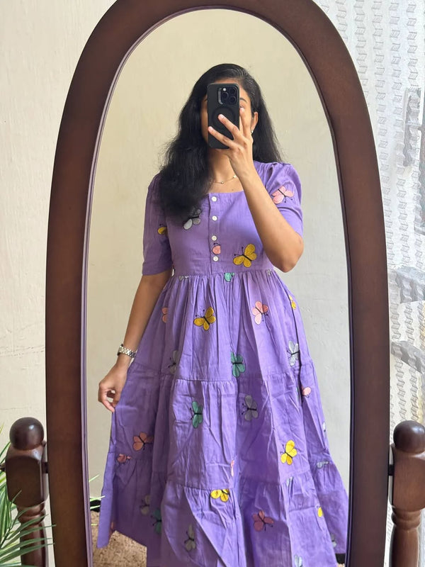 Women's Butterfly Purple Printed Rayon Midi Dress