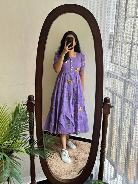 Women's Butterfly Purple Printed Rayon Midi Dress
