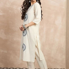 Women's Off-White Embroidered Straight Kurta Set