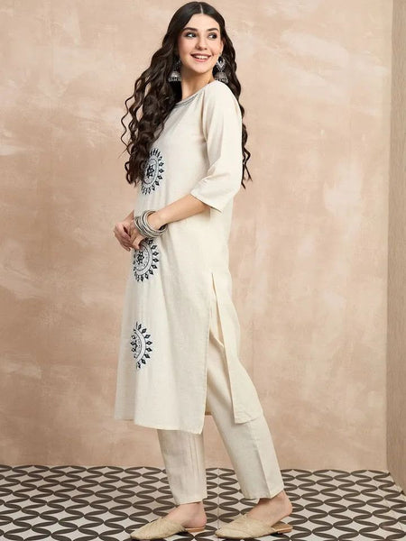 Women's Off-White Embroidered Straight Kurta Set