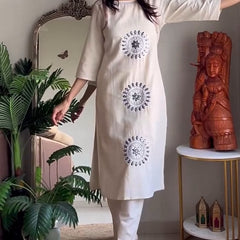 Women's Off-White Embroidered Straight Kurta Set