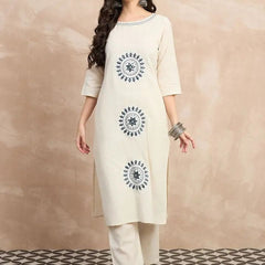 Women's Off-White Embroidered Straight Kurta Set