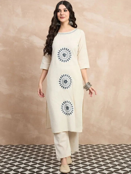 Women's Off-White Embroidered Straight Kurta Set