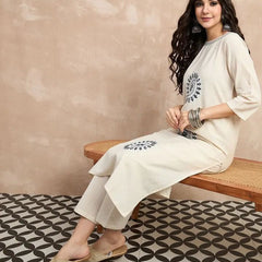 Women's Off-White Embroidered Straight Kurta Set