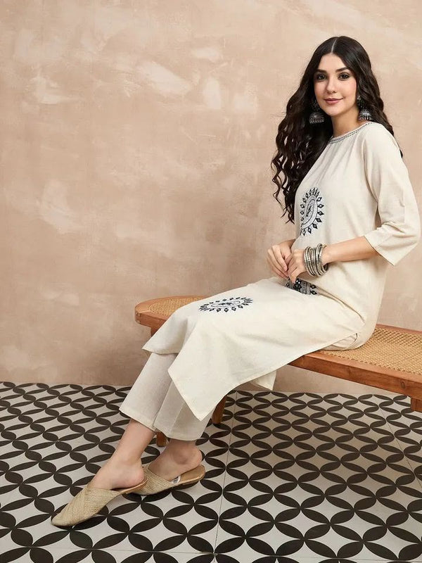 Women's Off-White Embroidered Straight Kurta Set