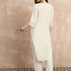 Women's Off-White Embroidered Straight Kurta Set