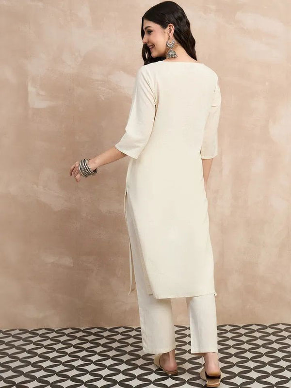 Women's Off-White Embroidered Straight Kurta Set