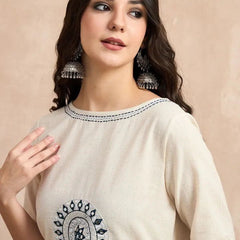 Women's Off-White Embroidered Straight Kurta Set