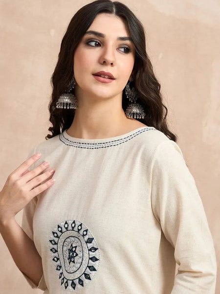 Women's Off-White Embroidered Straight Kurta Set