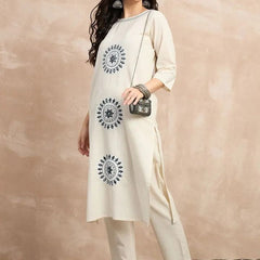 Women's Off-White Embroidered Straight Kurta Set