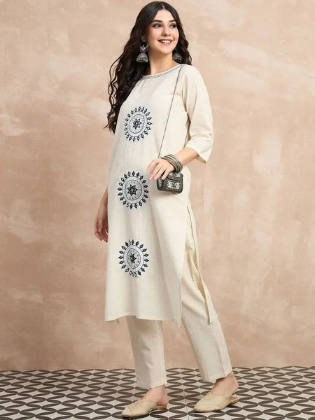Women's Off-White Embroidered Straight Kurta Set